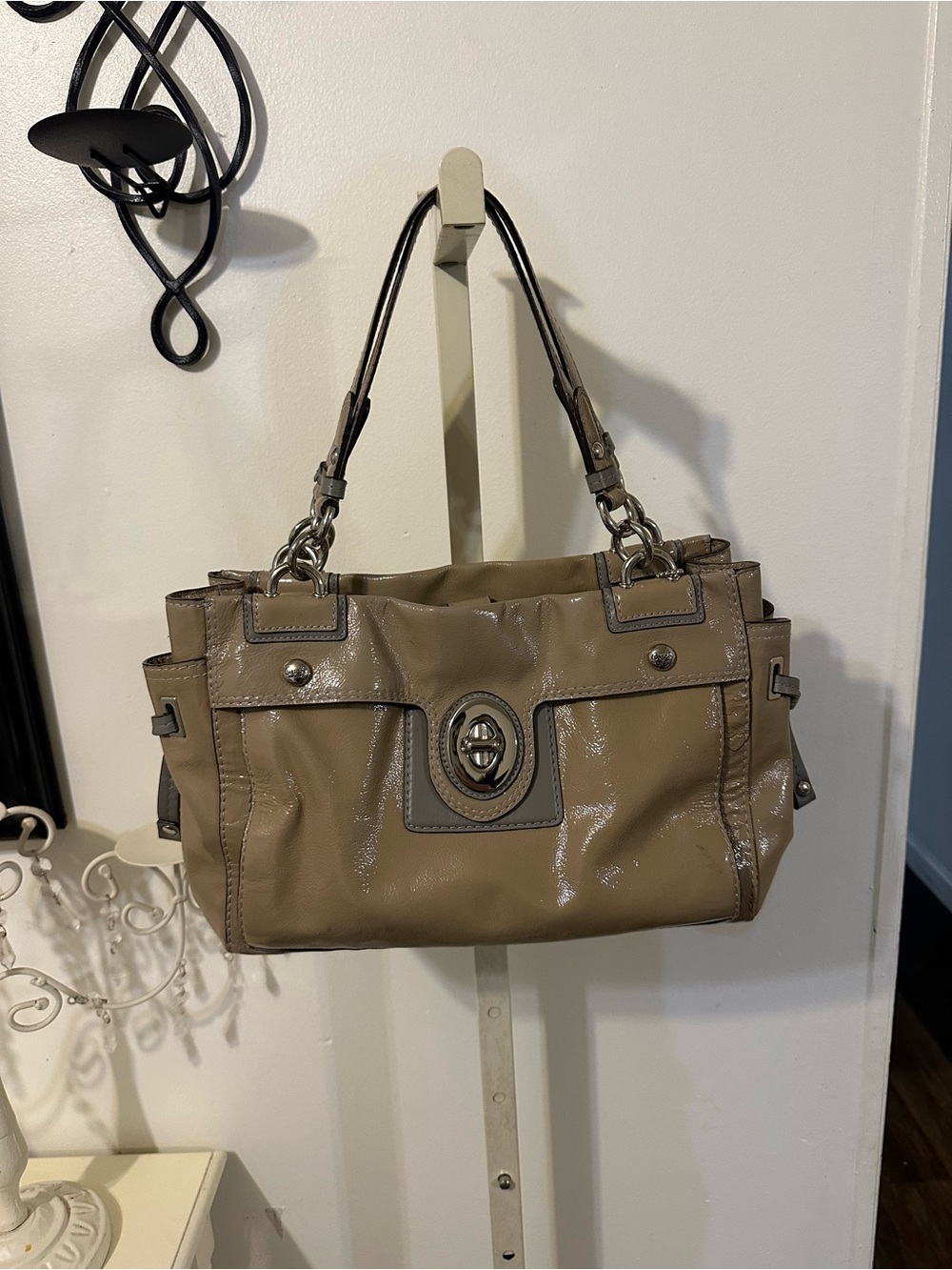 Coach Taupe Patent Leather Shoulder Bag with Turn-Lock